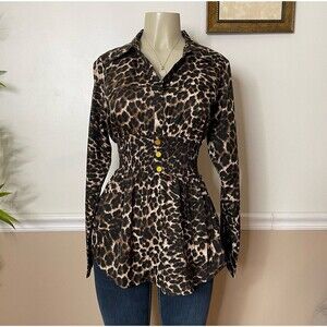 Wishing Waves Women’s Leopard Print Ruched Waist Blouse Shirt Top